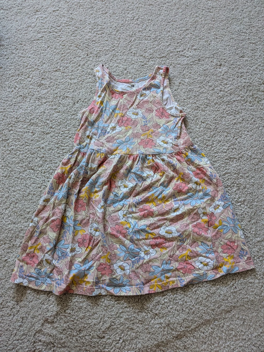 H&M Pink Floral Sleeveless Cotton Dress with Blue & Yellow Accents